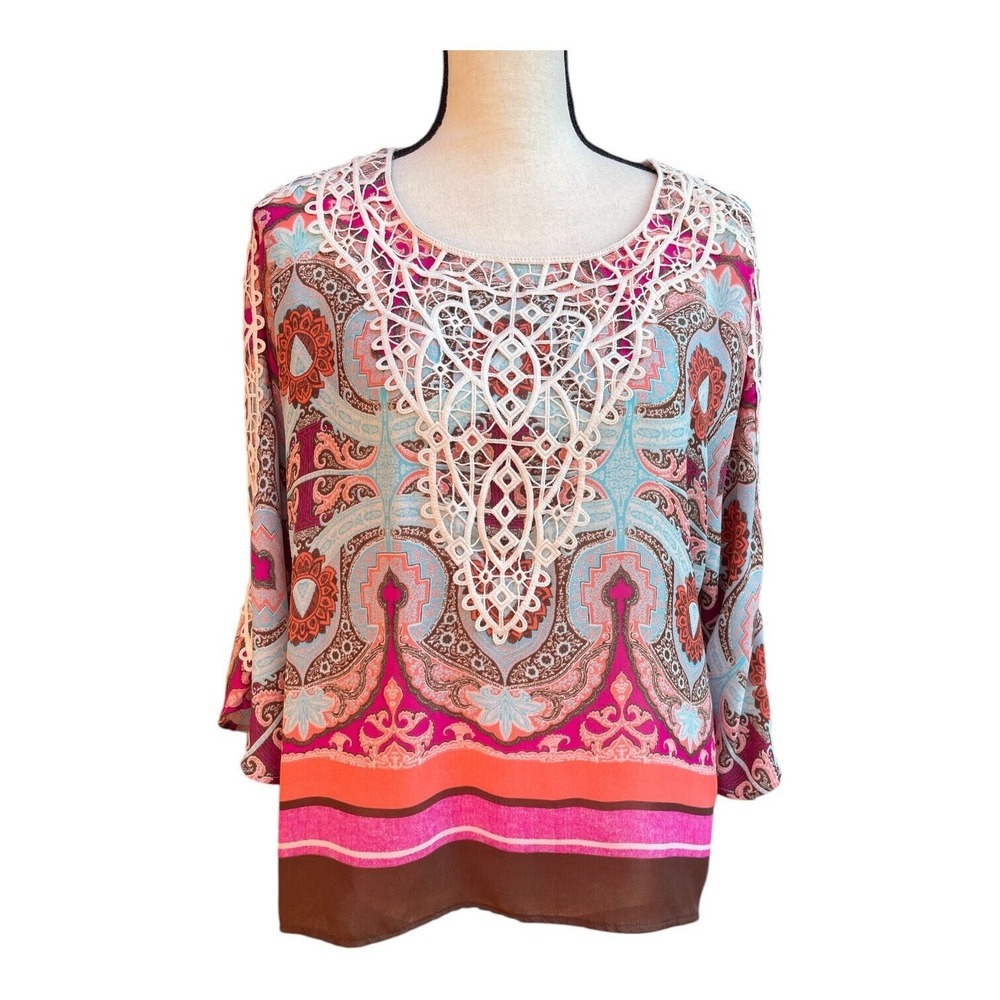 Chico's Blouse Women's Size Small All‎ Over Print Crochet Detail Resortwear